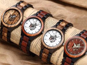 Rectangular Metal and Wooden Wrist Watch for Men a